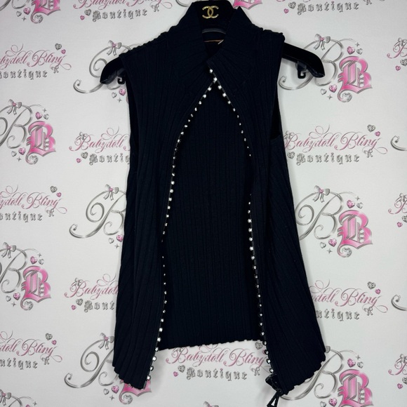 Belldini vest rhinestone bling zipper zip up diamonds ribbed tank top cardigan - Picture 6 of 7